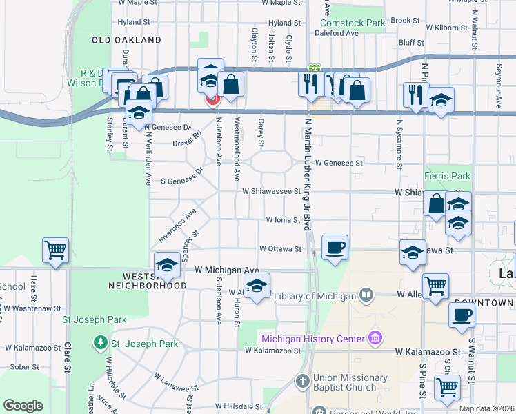 map of restaurants, bars, coffee shops, grocery stores, and more near 311 Carey Street in Lansing