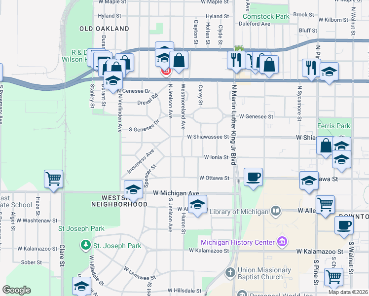 map of restaurants, bars, coffee shops, grocery stores, and more near 310 Westmoreland Avenue in Lansing