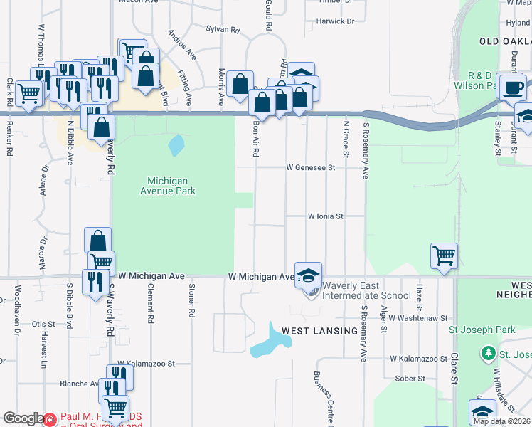 map of restaurants, bars, coffee shops, grocery stores, and more near 318 Bon Air Road in Lansing