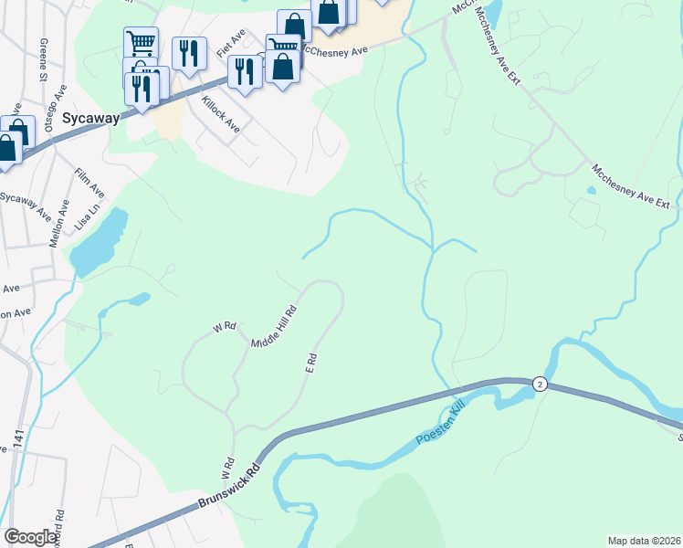 map of restaurants, bars, coffee shops, grocery stores, and more near 60 East Road in Troy