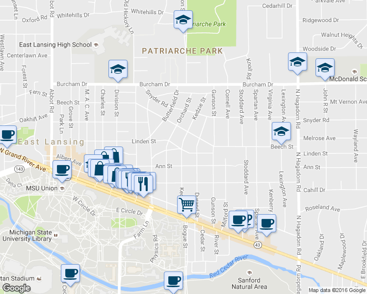 map of restaurants, bars, coffee shops, grocery stores, and more near 410 Kedzie Street in East Lansing