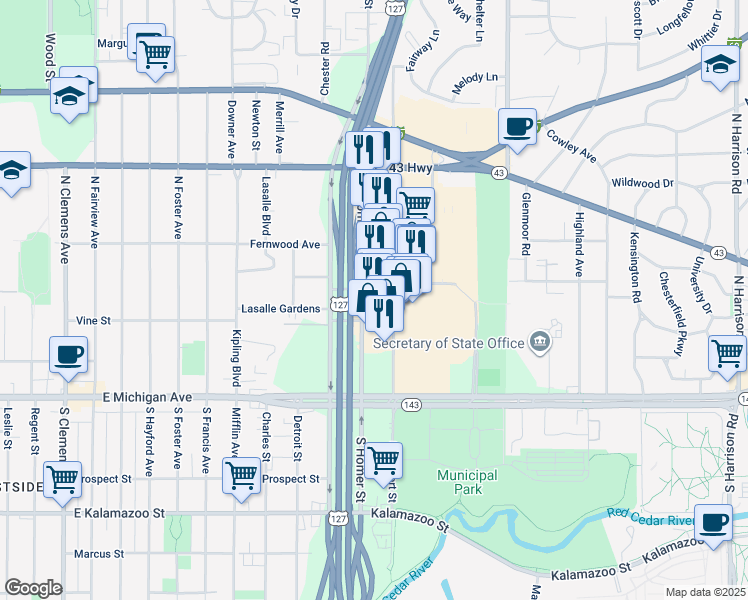map of restaurants, bars, coffee shops, grocery stores, and more near 300 North Clippert Street in Lansing