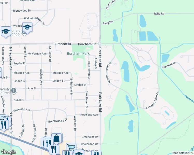 map of restaurants, bars, coffee shops, grocery stores, and more near 5350 Blue Haven Drive in East Lansing