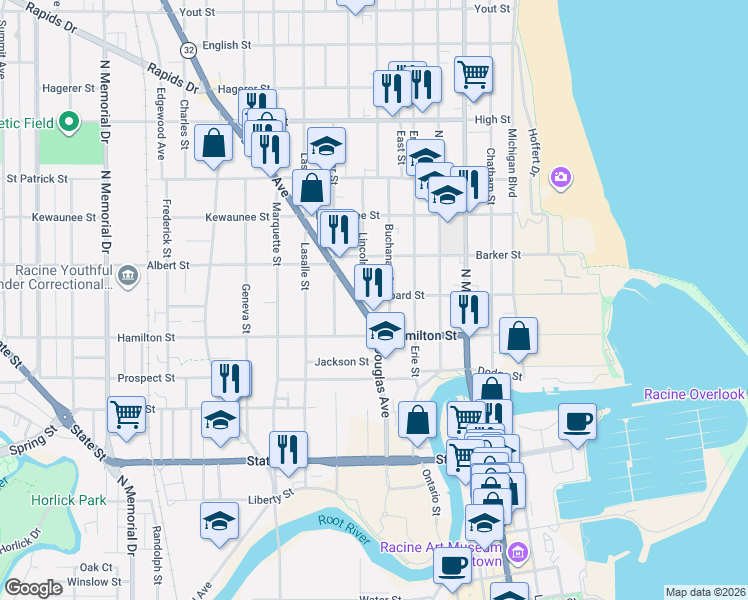 map of restaurants, bars, coffee shops, grocery stores, and more near 1245 Douglas Avenue in Racine