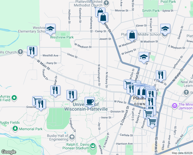 map of restaurants, bars, coffee shops, grocery stores, and more near 250 North Washington Street in Platteville
