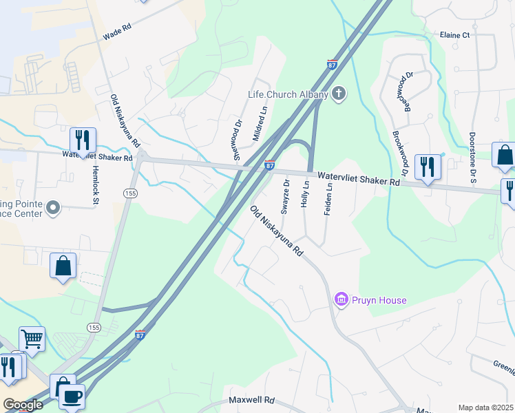 map of restaurants, bars, coffee shops, grocery stores, and more near 255 Old Niskayuna Road in Latham