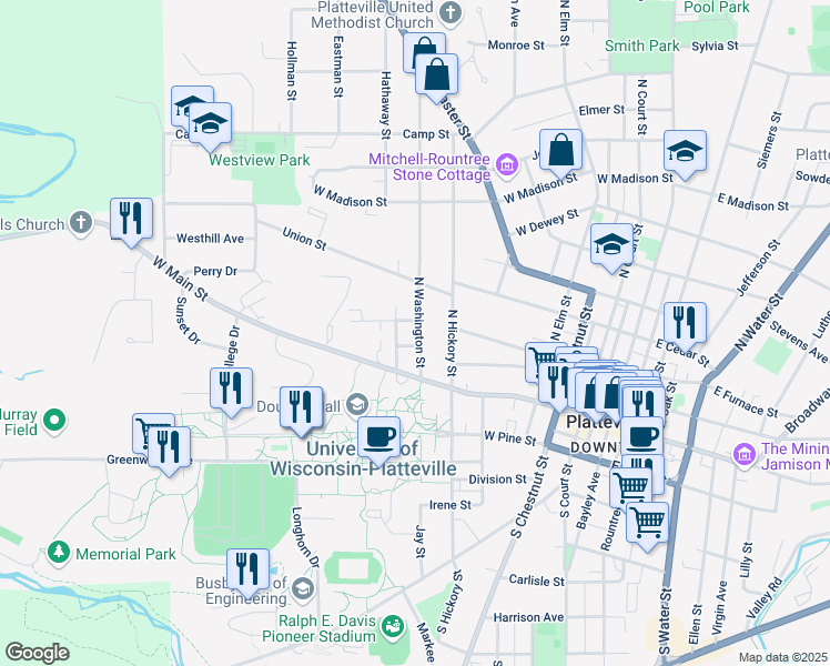 map of restaurants, bars, coffee shops, grocery stores, and more near 250 North Washington Street in Platteville