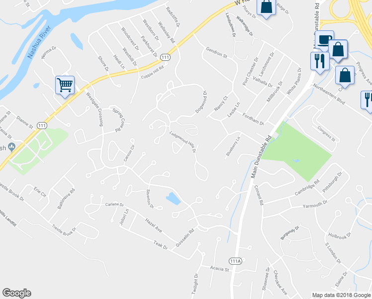 map of restaurants, bars, coffee shops, grocery stores, and more near 39 Ledgewood Hills Drive in Nashua