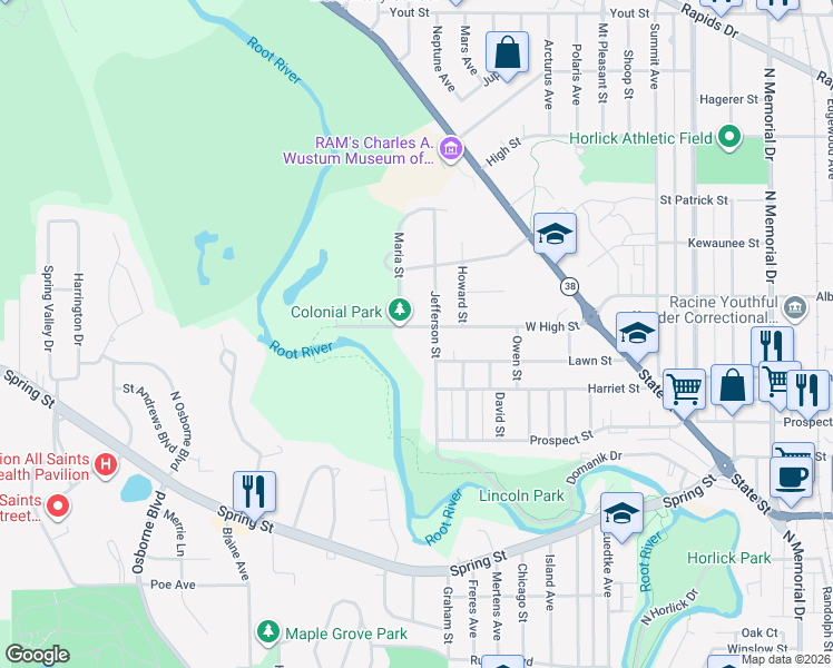 map of restaurants, bars, coffee shops, grocery stores, and more near 2815 West High Street in Racine