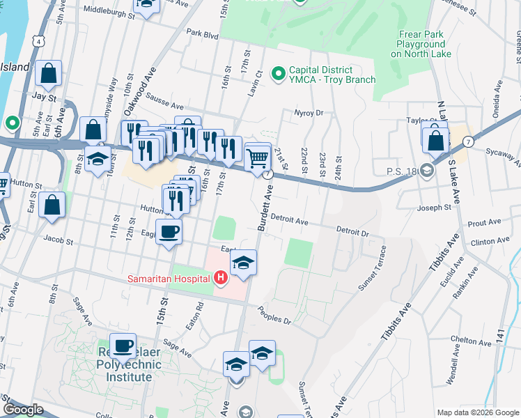 map of restaurants, bars, coffee shops, grocery stores, and more near in Troy