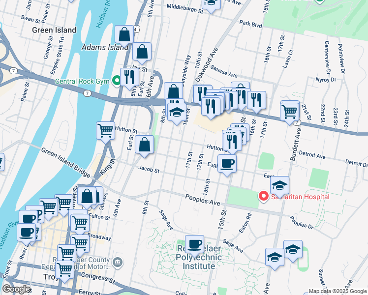 map of restaurants, bars, coffee shops, grocery stores, and more near 222 10th Street in Troy