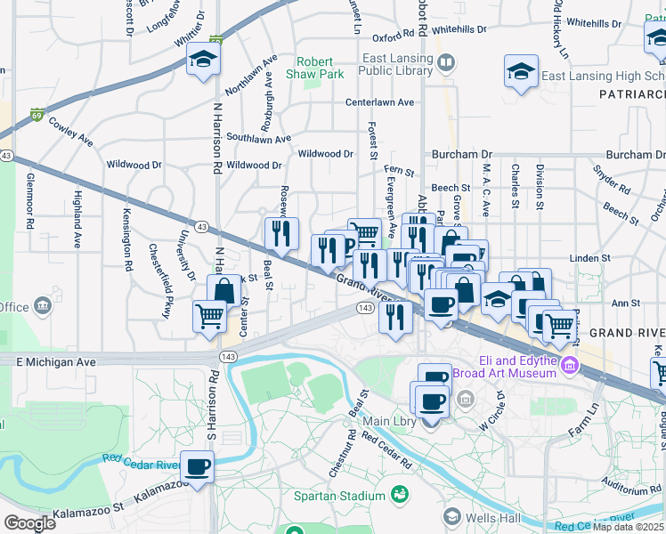 map of restaurants, bars, coffee shops, grocery stores, and more near 300 West Grand River Avenue in East Lansing