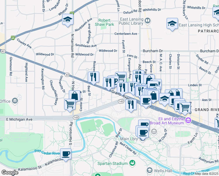 map of restaurants, bars, coffee shops, grocery stores, and more near 270 West Grand River Road in East Lansing