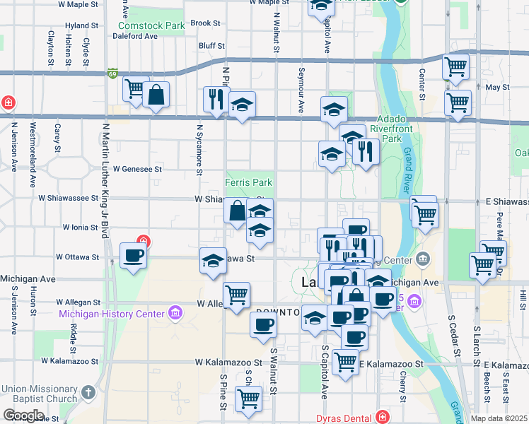 map of restaurants, bars, coffee shops, grocery stores, and more near 310 North Chestnut Street in Lansing