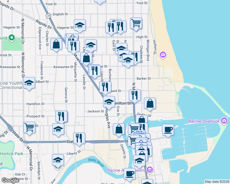 map of restaurants, bars, coffee shops, grocery stores, and more near 1228 Erie Street in Racine