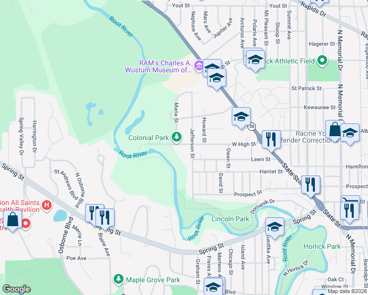 map of restaurants, bars, coffee shops, grocery stores, and more near 2815 West High Street in Racine