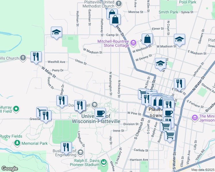 map of restaurants, bars, coffee shops, grocery stores, and more near 230 North Washington Street in Platteville