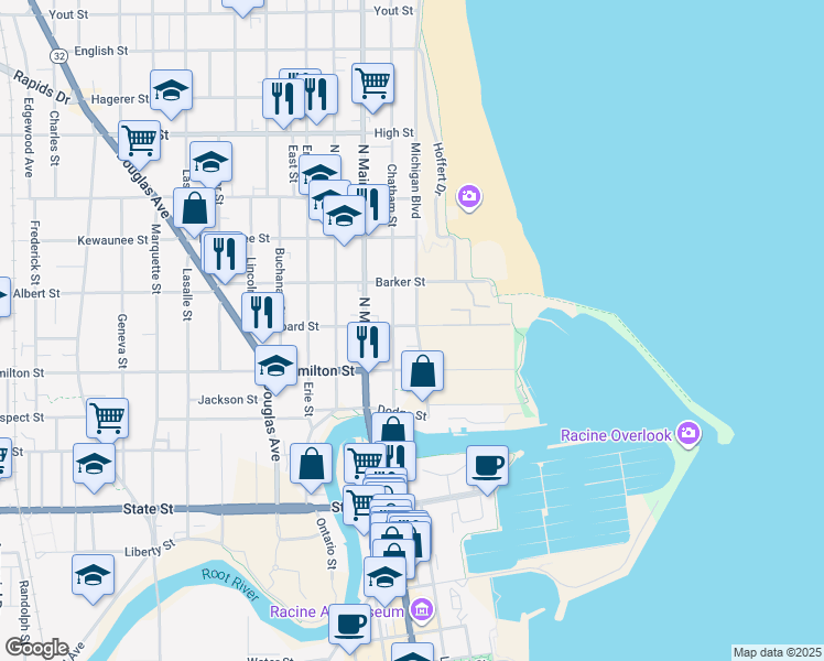 map of restaurants, bars, coffee shops, grocery stores, and more near 1238 Michigan Boulevard in Racine