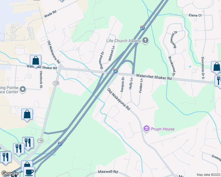 map of restaurants, bars, coffee shops, grocery stores, and more near 255 Old Niskayuna Road in Latham