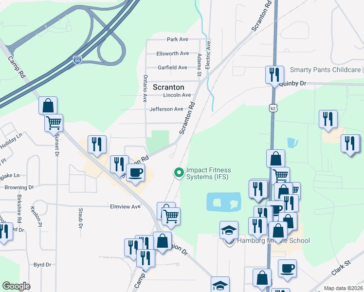 map of restaurants, bars, coffee shops, grocery stores, and more near 5479 Scranton Road in Hamburg