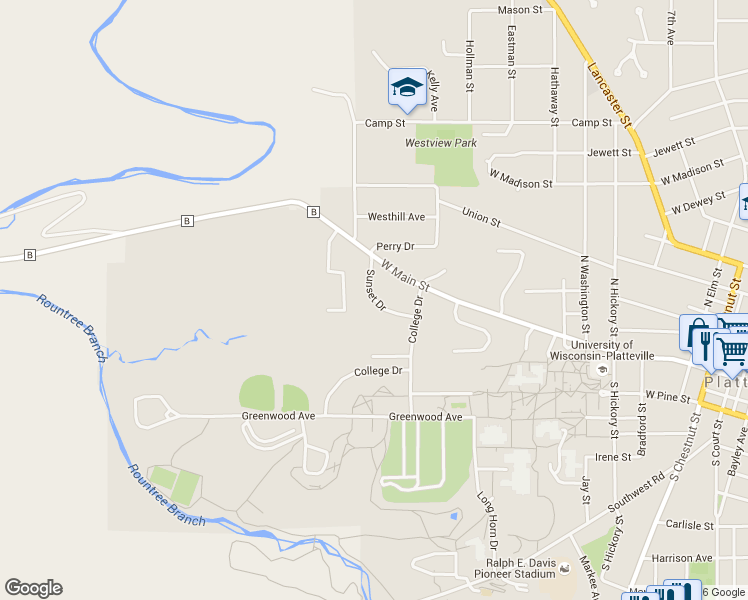 map of restaurants, bars, coffee shops, grocery stores, and more near 1225 Sunset Drive in Platteville
