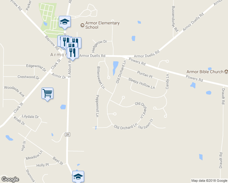 map of restaurants, bars, coffee shops, grocery stores, and more near 36 Old Orchard Lane in Orchard Park