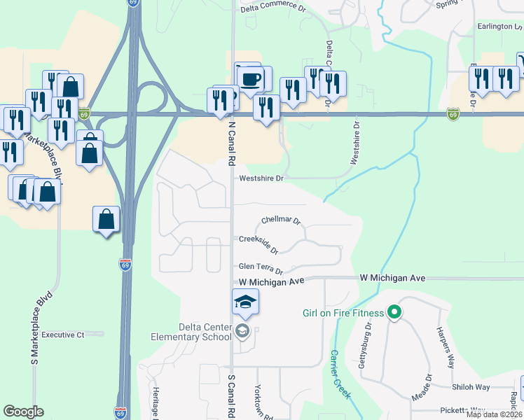 map of restaurants, bars, coffee shops, grocery stores, and more near 7407 Sunset Drive in Lansing