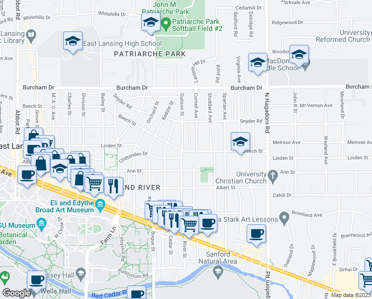 map of restaurants, bars, coffee shops, grocery stores, and more near 500 Gunson Street in East Lansing