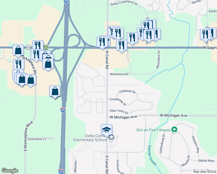 map of restaurants, bars, coffee shops, grocery stores, and more near 328 N Canal Rd in Lansing