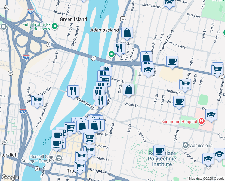 map of restaurants, bars, coffee shops, grocery stores, and more near in Troy