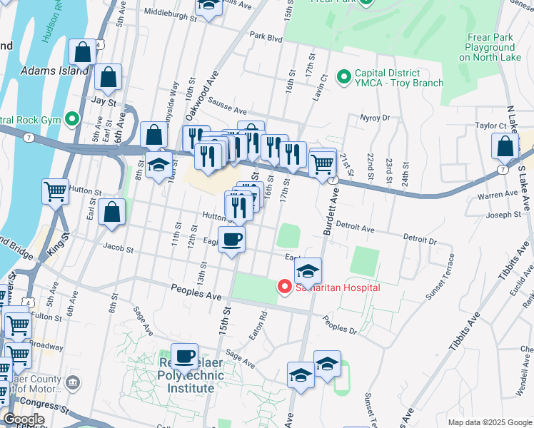 map of restaurants, bars, coffee shops, grocery stores, and more near 1605 Hutton Street in Troy