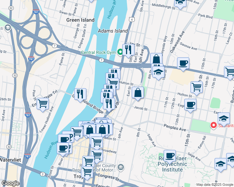 map of restaurants, bars, coffee shops, grocery stores, and more near 2231 5th Avenue in Troy