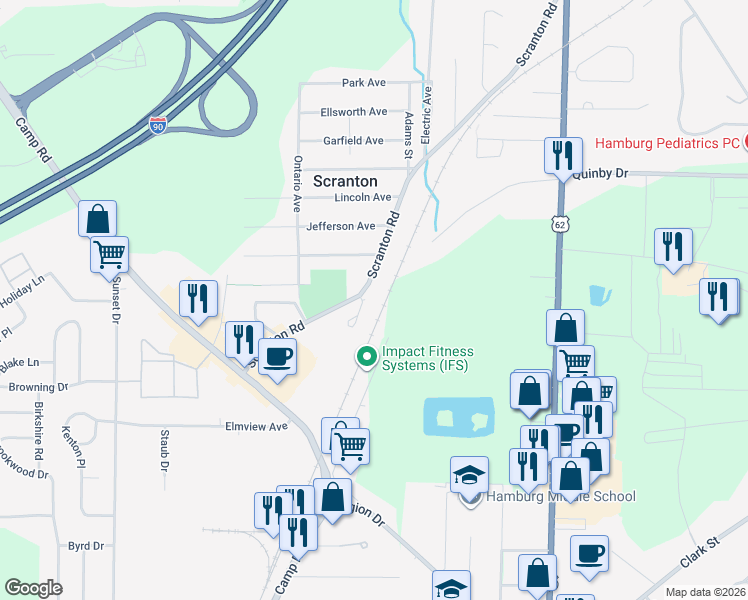 map of restaurants, bars, coffee shops, grocery stores, and more near 5479 Scranton Road in Hamburg