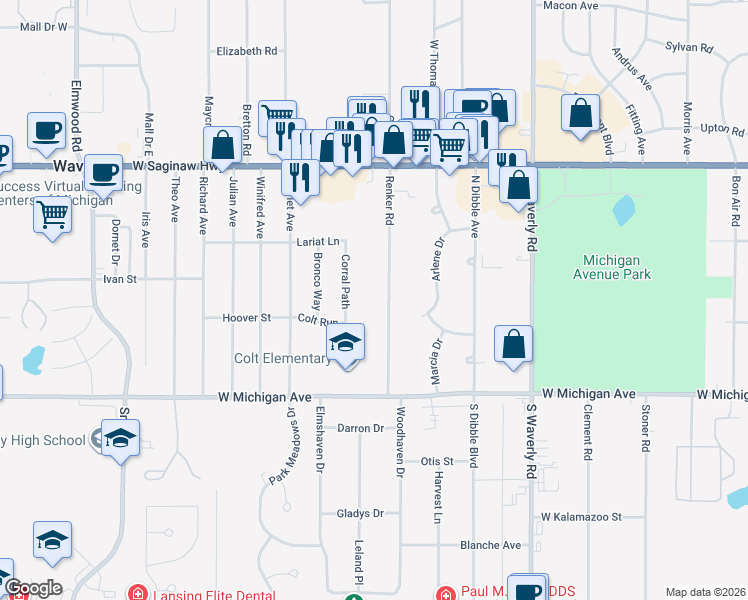 map of restaurants, bars, coffee shops, grocery stores, and more near 309 Renker Road in Lansing