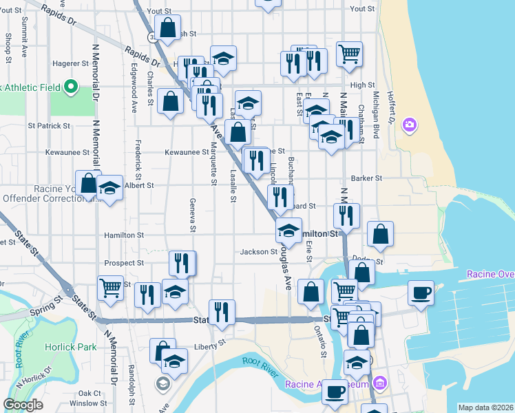 map of restaurants, bars, coffee shops, grocery stores, and more near 1235 Superior Street in Racine