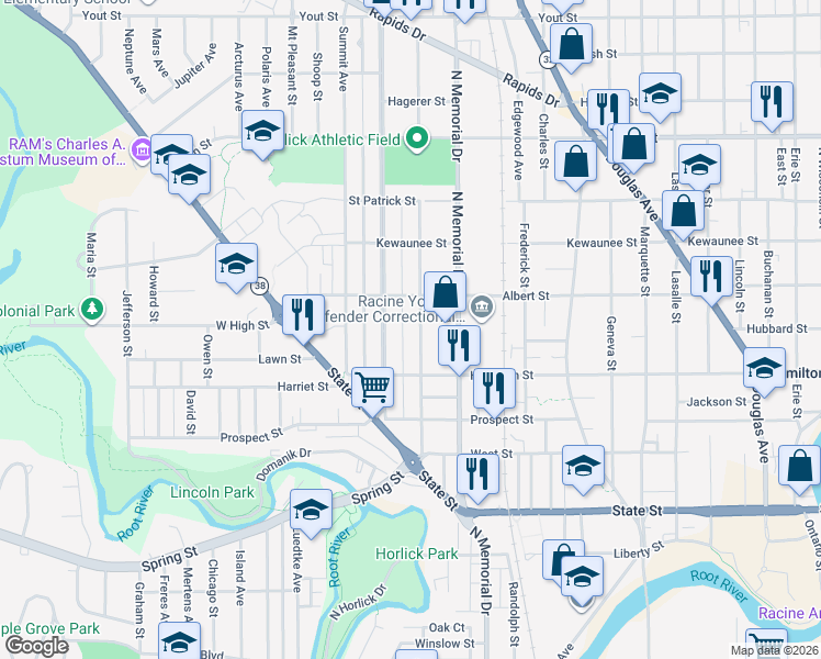 map of restaurants, bars, coffee shops, grocery stores, and more near 1233 Carlisle Avenue in Racine