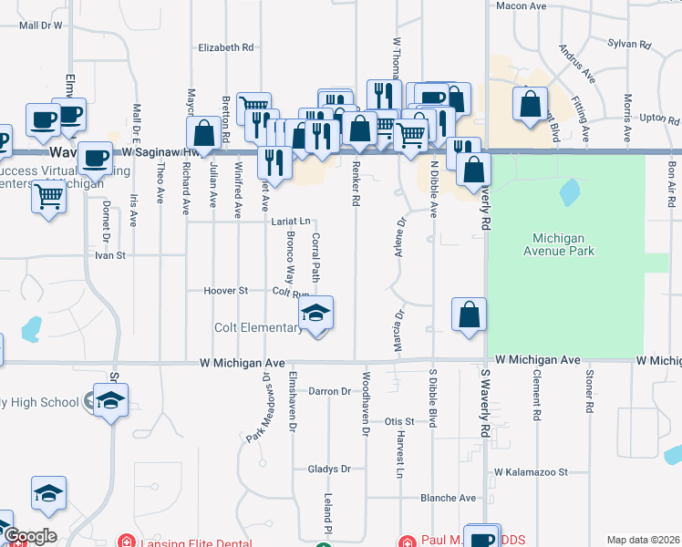 map of restaurants, bars, coffee shops, grocery stores, and more near 309 Renker Road in Lansing