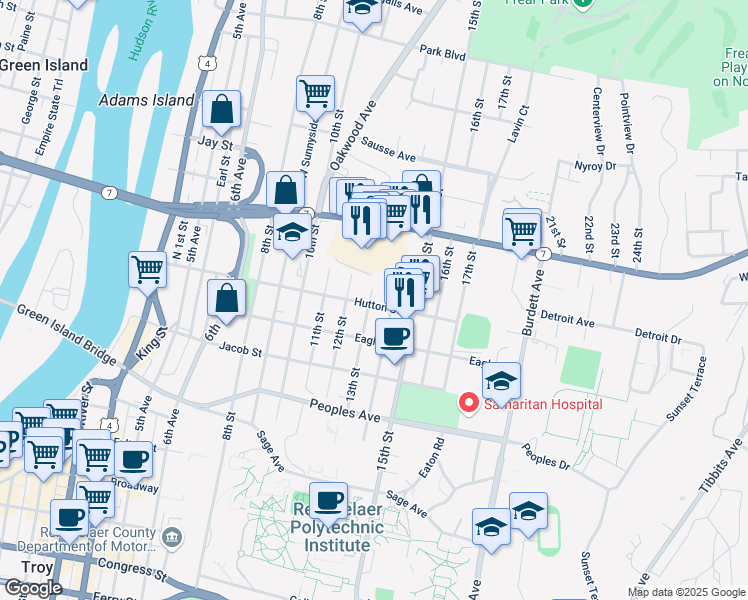 map of restaurants, bars, coffee shops, grocery stores, and more near 1301 Hutton Street in Troy