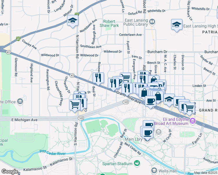 map of restaurants, bars, coffee shops, grocery stores, and more near 382 West Grand River Avenue in East Lansing