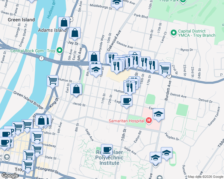 map of restaurants, bars, coffee shops, grocery stores, and more near Hutton Street & 12th Street in Troy
