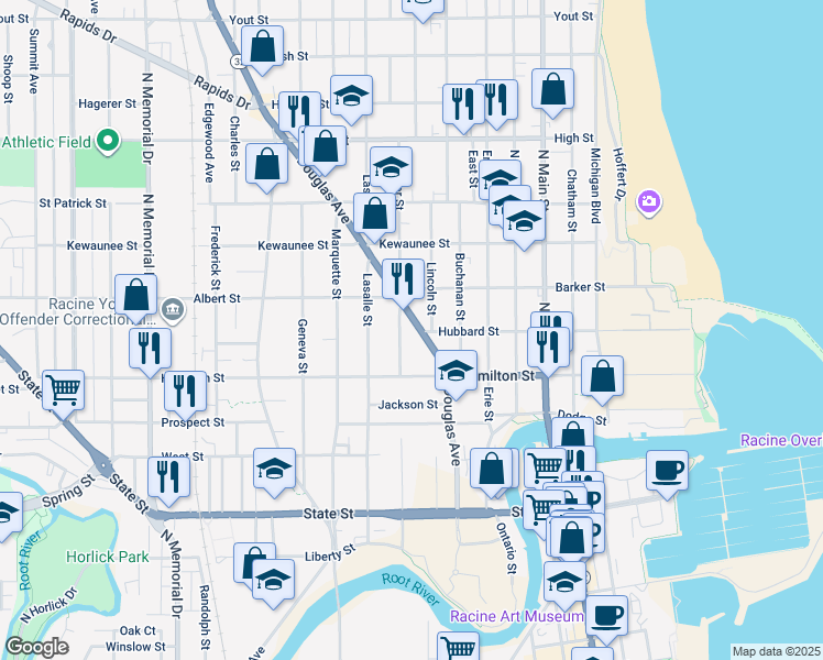 map of restaurants, bars, coffee shops, grocery stores, and more near 1235 Superior Street in Racine