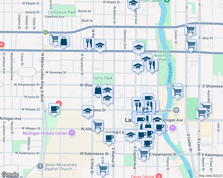 map of restaurants, bars, coffee shops, grocery stores, and more near 323 North Walnut Street in Lansing