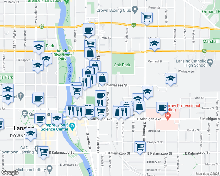 map of restaurants, bars, coffee shops, grocery stores, and more near 322 Pere Marquette Drive in Lansing