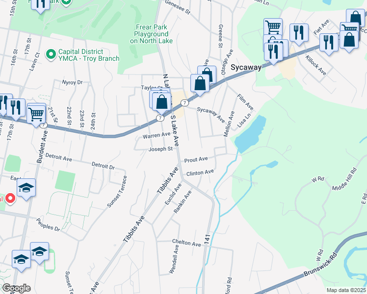 map of restaurants, bars, coffee shops, grocery stores, and more near 5 Prout Avenue in Troy