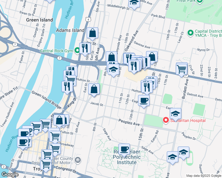 map of restaurants, bars, coffee shops, grocery stores, and more near 145 9th Street in Troy