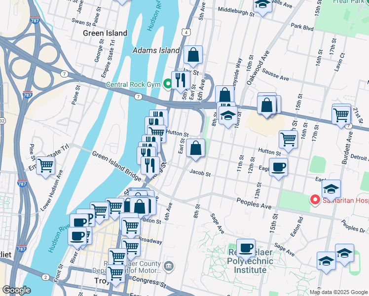map of restaurants, bars, coffee shops, grocery stores, and more near 2245 Old 6th Avenue in Troy