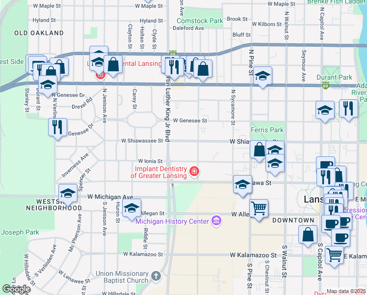 map of restaurants, bars, coffee shops, grocery stores, and more near 914 West Ionia Street in Lansing