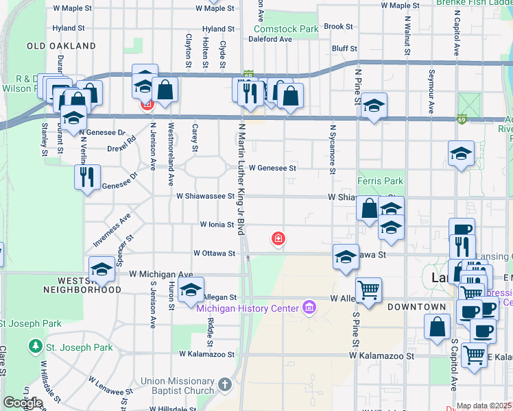map of restaurants, bars, coffee shops, grocery stores, and more near 314 North Martin Luther King Junior Boulevard in Lansing