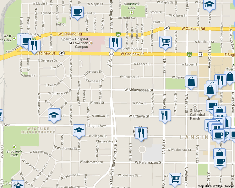 map of restaurants, bars, coffee shops, grocery stores, and more near 314 North Martin Luther King Junior Boulevard in Lansing