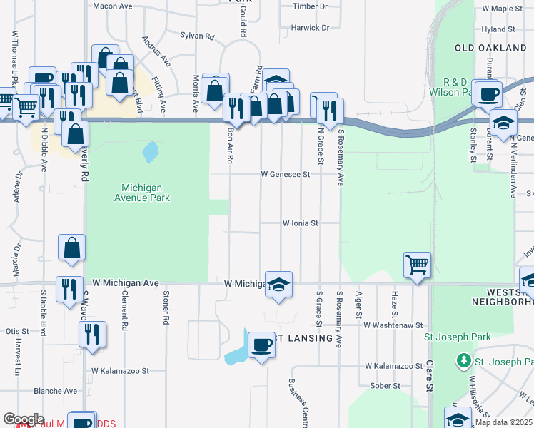 map of restaurants, bars, coffee shops, grocery stores, and more near 307 North Deerfield Avenue in Lansing